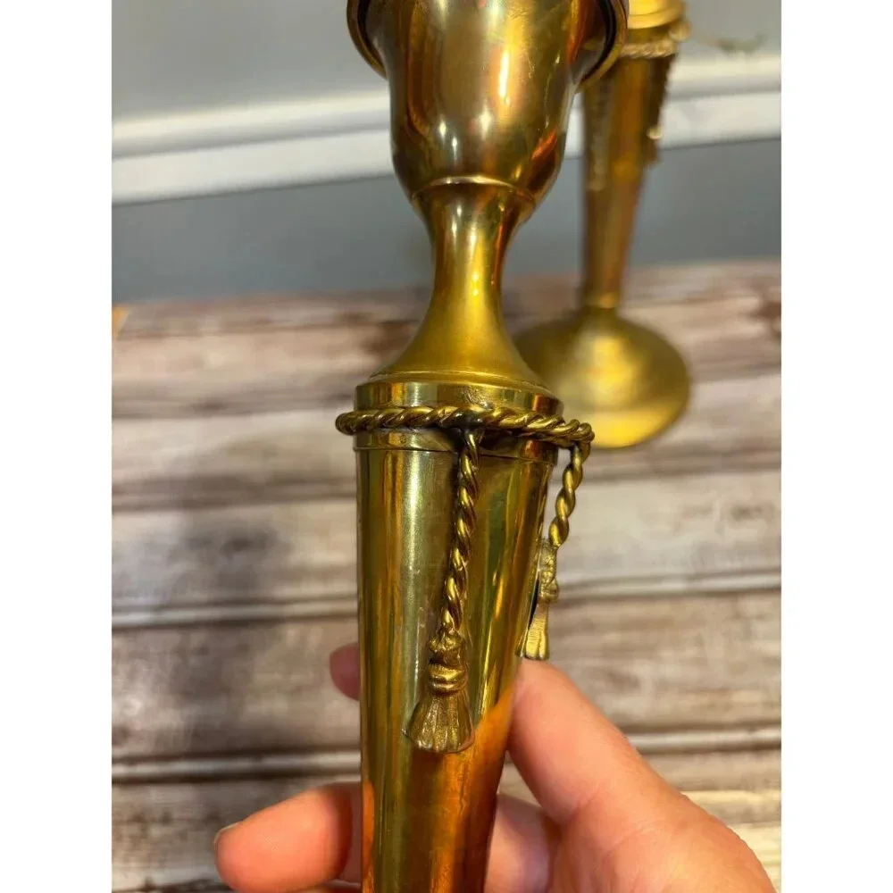 Solid Brass Rope Design Candlesticks, Made in India, Pair - 10.5